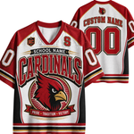 Customizable red, white, and black hockey-style jersey shown from the front and back on a white background. Features 'CARDINALS' text, a cardinal bird graphic, placeholder text 'CUSTOM NAME' and '00', and 'SC' branding.