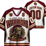 Customizable Spartan-themed football jersey shown from both front and back. Features a maroon and white mesh design with 'WARRIORS' text, a Spartan helmet graphic, and placeholder text for school name and custom name.