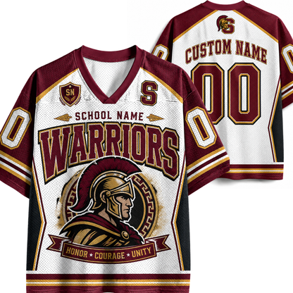 Customizable Spartan-themed football jersey shown from both front and back. Features a maroon and white mesh design with 'WARRIORS' text, a Spartan helmet graphic, and placeholder text for school name and custom name.