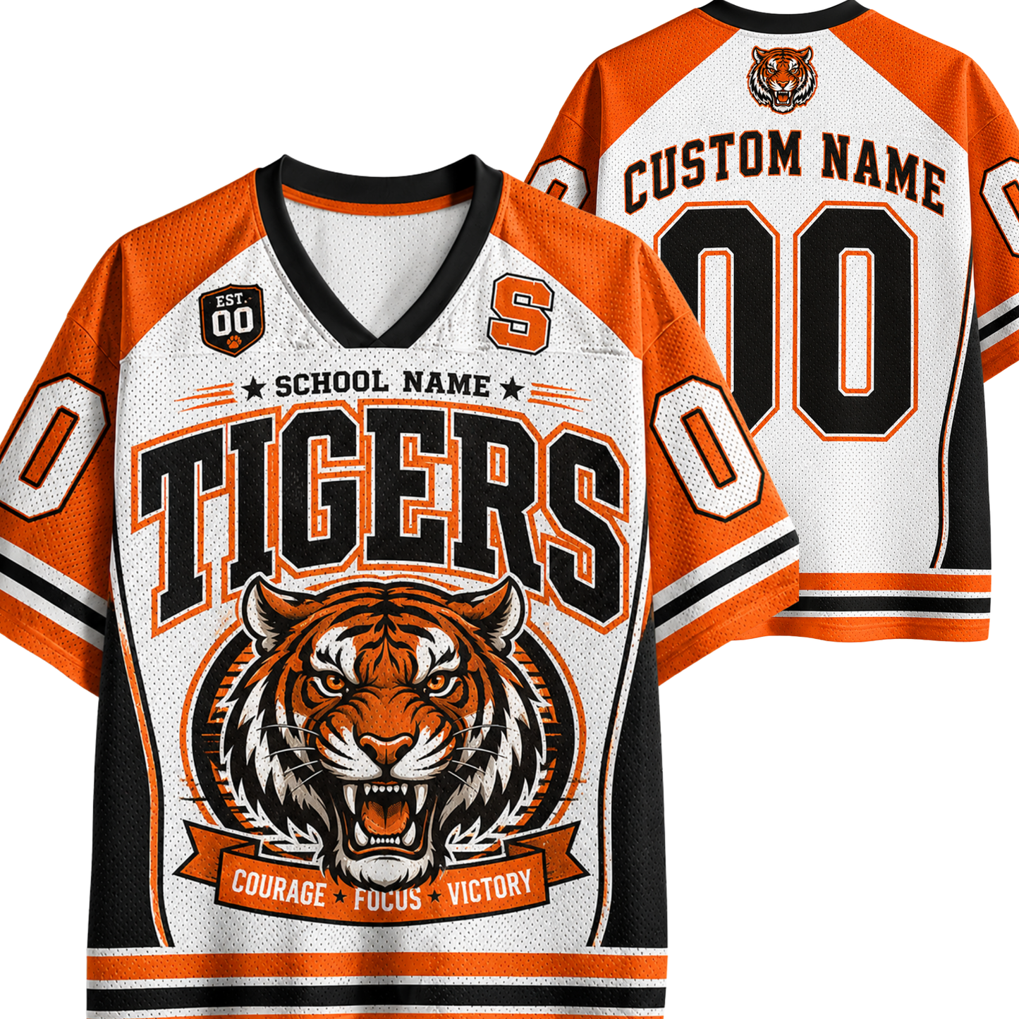Customizable hockey-style jersey shown from the front and back, featuring a white mesh body with orange and black trim, large 'TIGERS' text, a tiger head graphic, and placeholder text including 'CUSTOM NAME' and '00'.