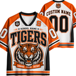 Customizable hockey-style jersey shown from the front and back, featuring a white mesh body with orange and black trim, large 'TIGERS' text, a tiger head graphic, and placeholder text including 'CUSTOM NAME' and '00'.