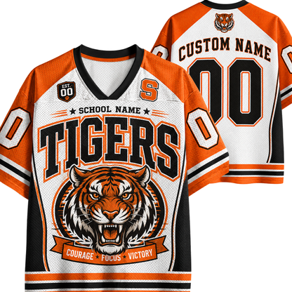 Customizable hockey-style jersey shown from the front and back, featuring a white mesh body with orange and black trim, large 'TIGERS' text, a tiger head graphic, and placeholder text including 'CUSTOM NAME' and '00'.