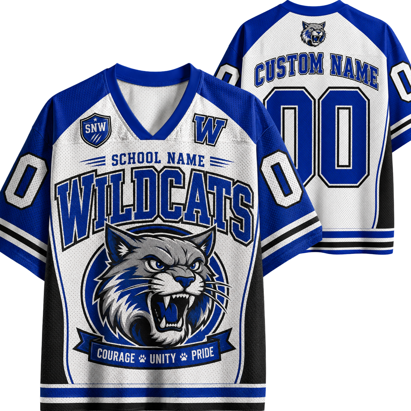 Customizable white, blue, and black v-neck hockey-style jersey shown from the front and back, featuring 'WILDCATS' text, a wildcat graphic, 'CUSTOM NAME', and '00' on a white background.