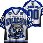 Customizable white, blue, and black v-neck hockey-style jersey shown from the front and back, featuring 'WILDCATS' text, a wildcat graphic, 'CUSTOM NAME', and '00' on a white background.