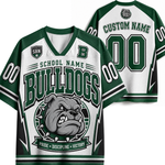 Customizable green and white mesh football jersey shown from both front and back, featuring 'BULLDOGS' text, a bulldog mascot graphic, placeholder 'CUSTOM NAME' and '00' on the back, and 'SBN' patch detail on the front.