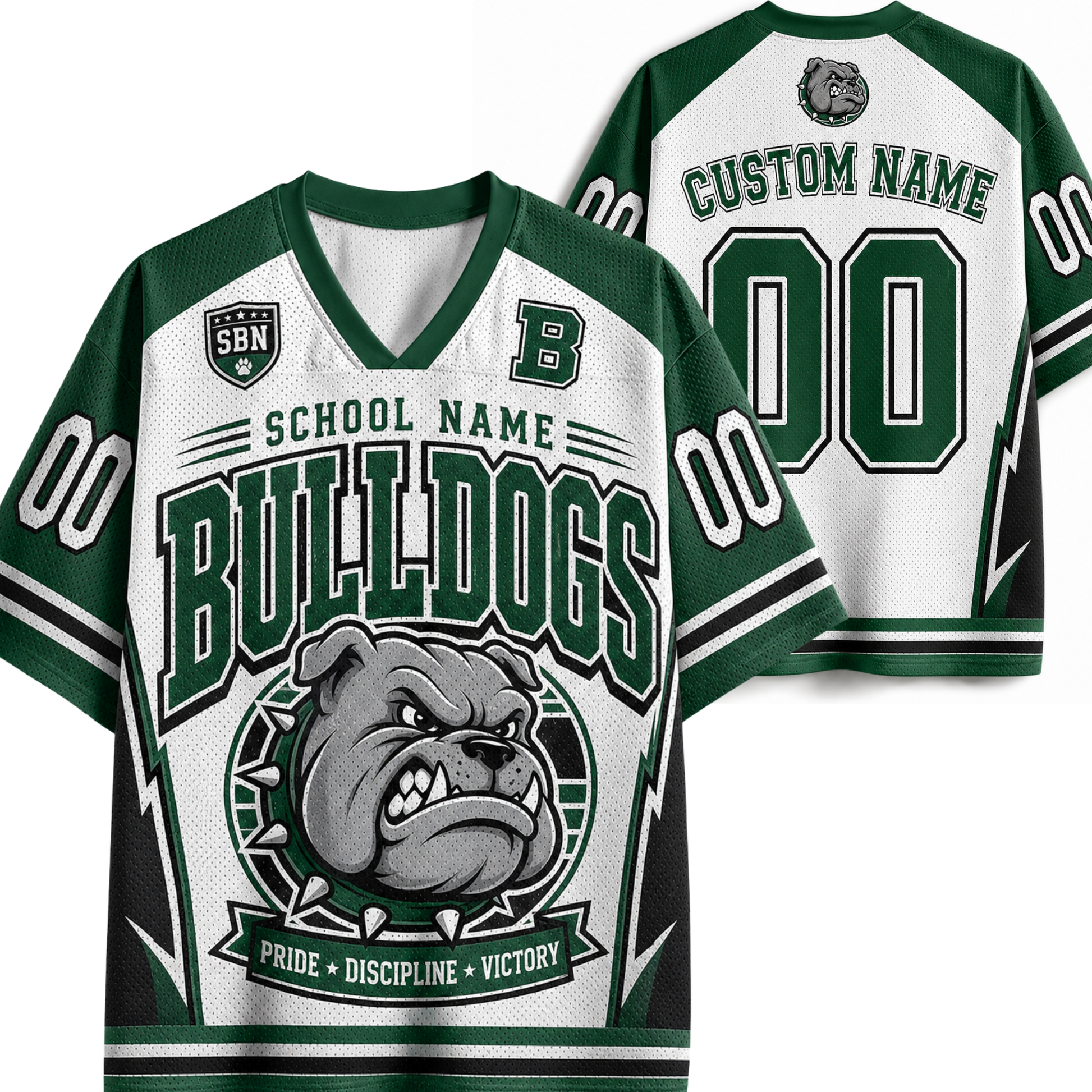 Customizable green and white mesh football jersey shown from both front and back, featuring 'BULLDOGS' text, a bulldog mascot graphic, placeholder 'CUSTOM NAME' and '00' on the back, and 'SBN' patch detail on the front.