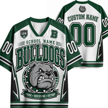 Customizable green and white mesh football jersey shown from both front and back, featuring 'BULLDOGS' text, a bulldog mascot graphic, placeholder 'CUSTOM NAME' and '00' on the back, and 'SBN' patch detail on the front.