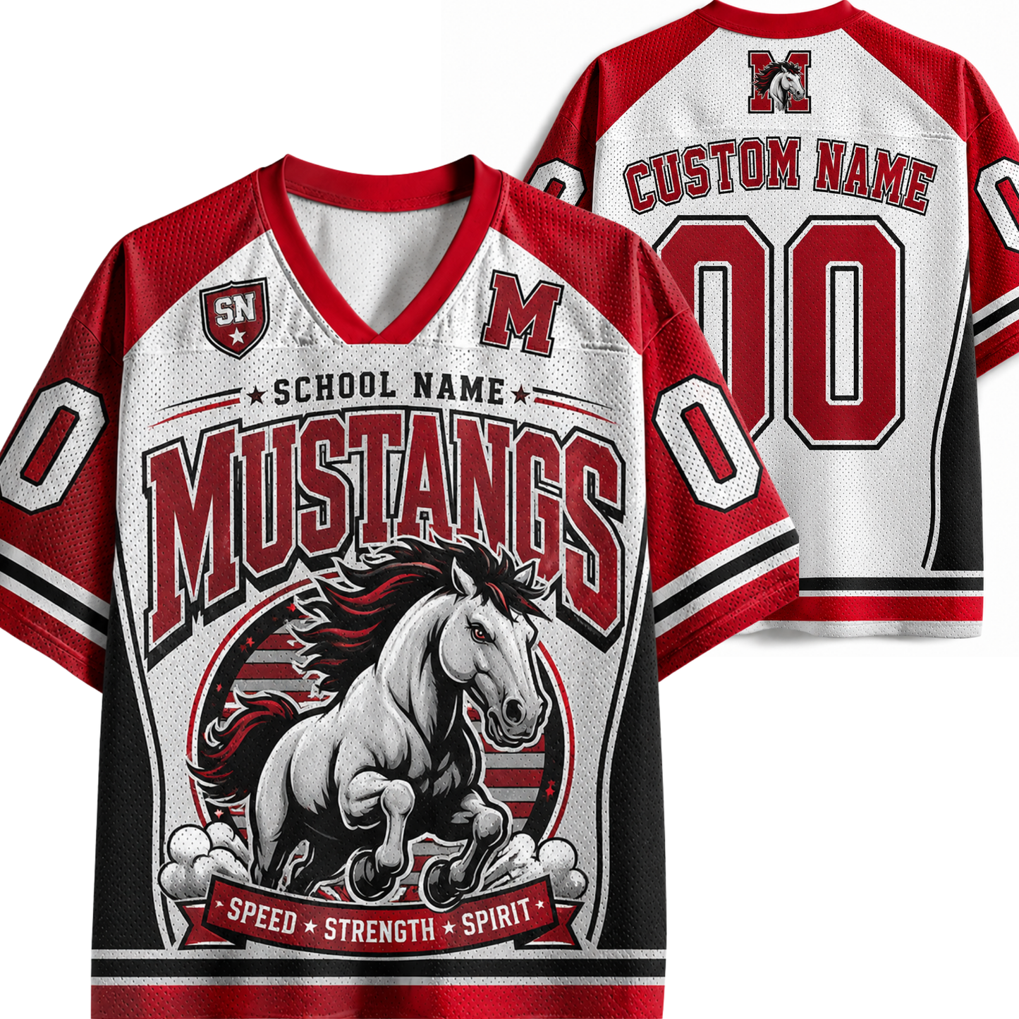 Customizable Mustangs high school football jersey shown from both front and back views. The jersey features a white mesh base with red and black panels, a graphic of a running mustang horse, and customizable text fields for 'School Name', 'Custom Name', and 'Number'.