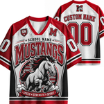 Customizable Mustangs high school football jersey shown from both front and back views. The jersey features a white mesh base with red and black panels, a graphic of a running mustang horse, and customizable text fields for 'School Name', 'Custom Name', and 'Number'.