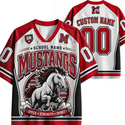 Customizable Mustangs high school football jersey shown from both front and back views. The jersey features a white mesh base with red and black panels, a graphic of a running mustang horse, and customizable text fields for 'School Name', 'Custom Name', and 'Number'.