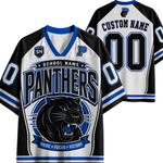 Customizable Panthers hockey jersey shown from both front and back views. The jersey features a white mesh body with black and blue trim, a large black panther graphic on the front, and customizable text placeholders 'CUSTOM NAME' and '00' on the back.