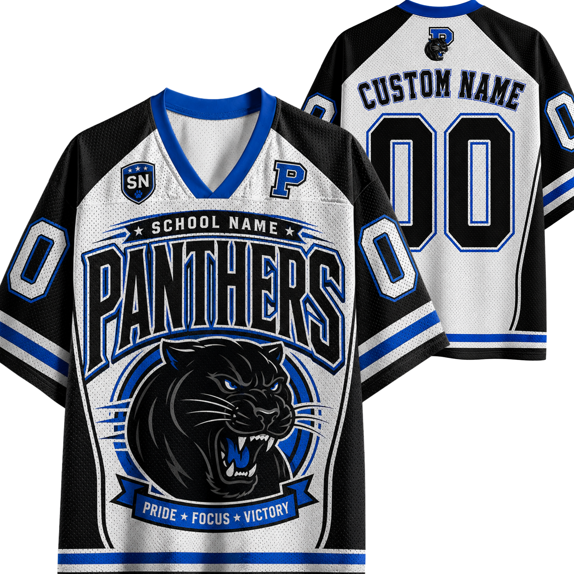 Customizable Panthers hockey jersey shown from both front and back views. The jersey features a white mesh body with black and blue trim, a large black panther graphic on the front, and customizable text placeholders 'CUSTOM NAME' and '00' on the back.