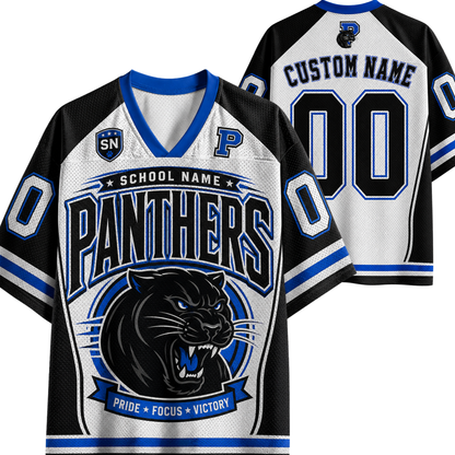 Customizable Panthers hockey jersey shown from both front and back views. The jersey features a white mesh body with black and blue trim, a large black panther graphic on the front, and customizable text placeholders 'CUSTOM NAME' and '00' on the back.