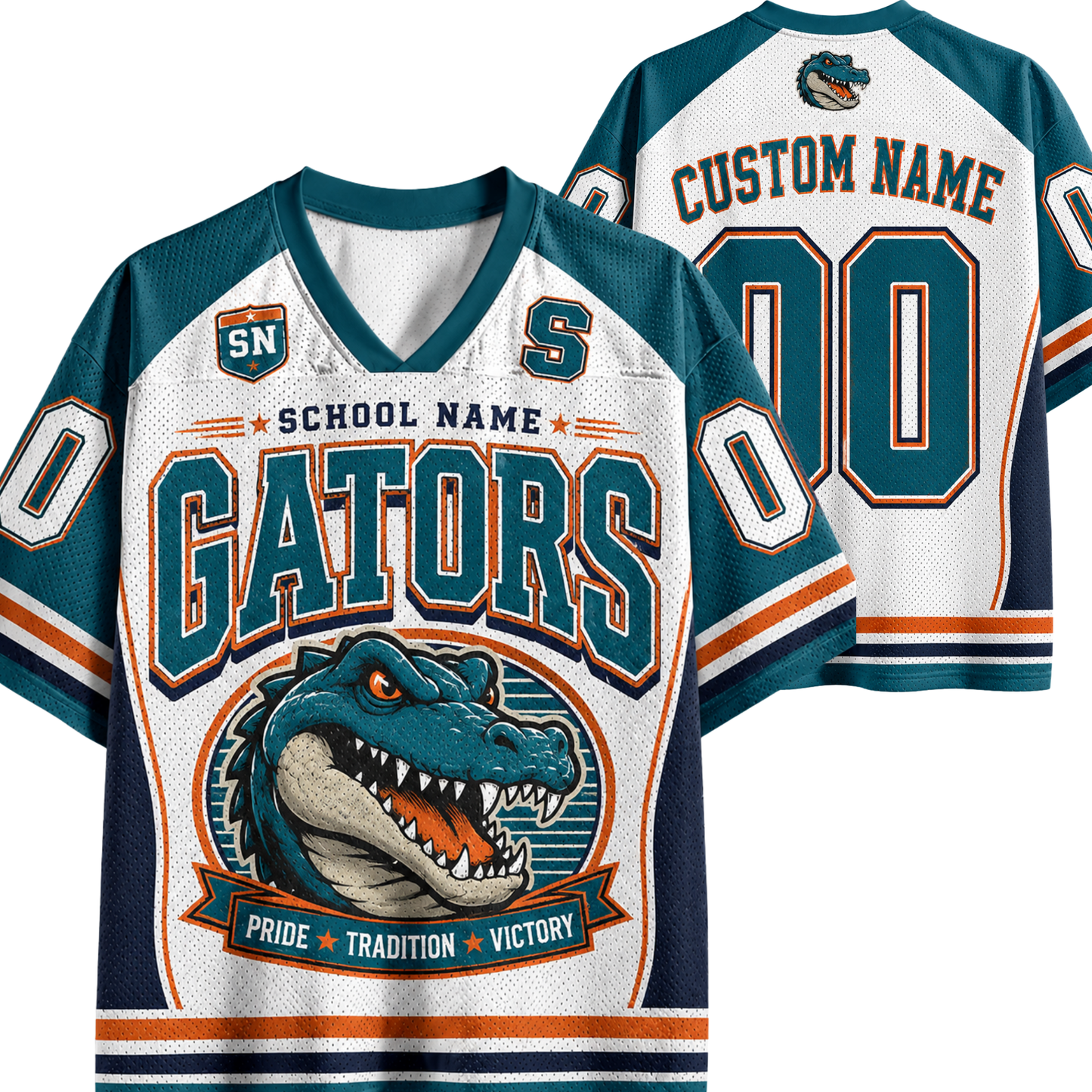 Customizable Florida Gators themed hockey jersey shown from both front and back views. The jersey features a white mesh base with teal and navy blue panels, orange accents, a large alligator graphic on the front, and customizable text fields for 'School Name', 'Name', and 'Number'.