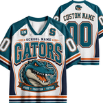 Customizable Florida Gators themed hockey jersey shown from both front and back views. The jersey features a white mesh base with teal and navy blue panels, orange accents, a large alligator graphic on the front, and customizable text fields for 'School Name', 'Name', and 'Number'.