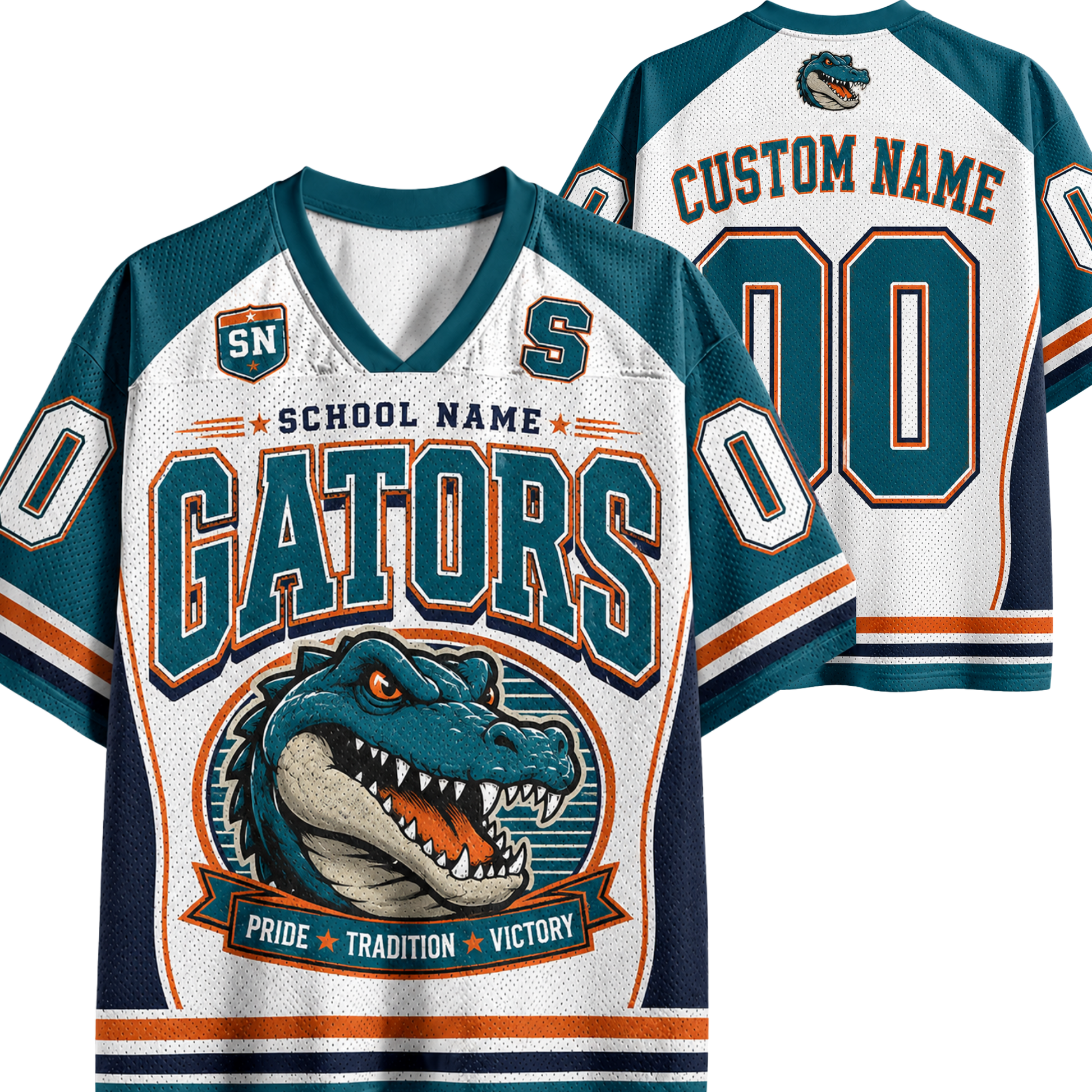Customizable Florida Gators themed hockey jersey shown from both front and back views. The jersey features a white mesh base with teal and navy blue panels, orange accents, a large alligator graphic on the front, and customizable text fields for 'School Name', 'Name', and 'Number'.