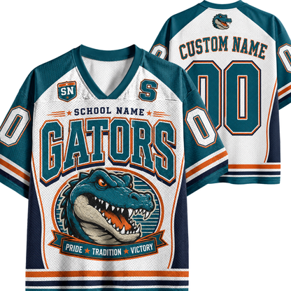 Customizable Florida Gators themed hockey jersey shown from both front and back views. The jersey features a white mesh base with teal and navy blue panels, orange accents, a large alligator graphic on the front, and customizable text fields for 'School Name', 'Name', and 'Number'.