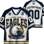 Customizable Eagles football jersey shown in front and back views. The jersey features a white mesh base with navy blue and gold stripes, a large eagle graphic on the front, and customizable text fields for 'School Name', 'Custom Name', and 'Number'.
