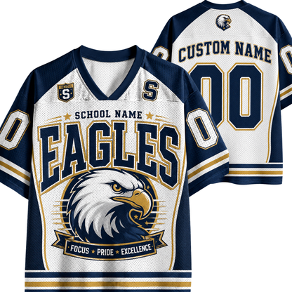 Customizable Eagles football jersey shown in front and back views. The jersey features a white mesh base with navy blue and gold stripes, a large eagle graphic on the front, and customizable text fields for 'School Name', 'Custom Name', and 'Number'.