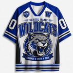 A short-sleeve V-neck athletic jersey with royal blue, white, and black graphics. The front features the word 'WILDCATS' in large blue letters, a gray wildcat mascot graphic, a blue 'W' on the chest, and 'SCHOOL NAME' above it.