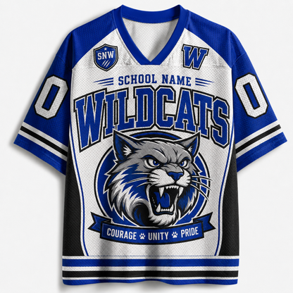 A short-sleeve V-neck athletic jersey with royal blue, white, and black graphics. The front features the word 'WILDCATS' in large blue letters, a gray wildcat mascot graphic, a blue 'W' on the chest, and 'SCHOOL NAME' above it.