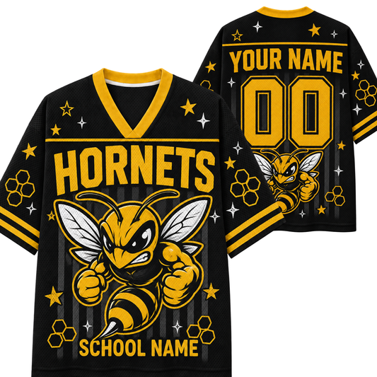 Black and yellow customizable Hornets sports jersey shown from the front and back, featuring a large hornet mascot graphic, stars, honeycomb motifs, and placeholder text for name and school name.