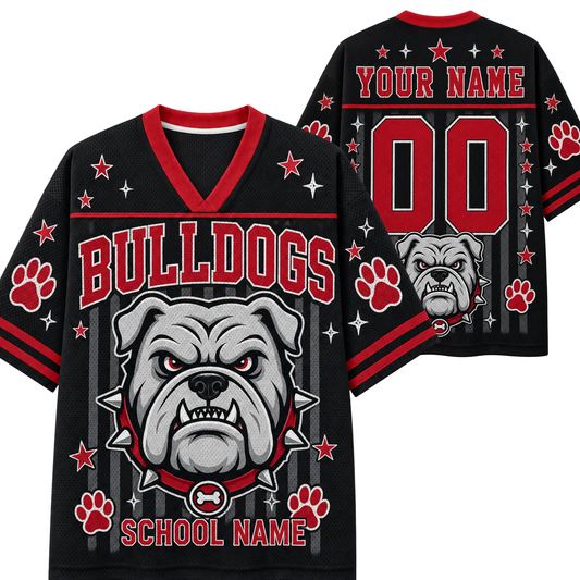 Customizable black mesh football jersey with red and gray graphics, featuring a bulldog design, 'BULLDOGS' text, paw prints, and placeholders for 'YOUR NAME' and 'SCHOOL NAME' shown in front and back views.