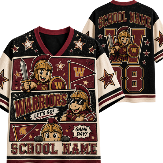 A custom sports jersey shown from both front and back. The jersey features a black, maroon, and cream color scheme with cartoon Spartan warriors, stars, and text placeholders like 'SCHOOL NAME' and 'WARRIORS LET'S GO!'.