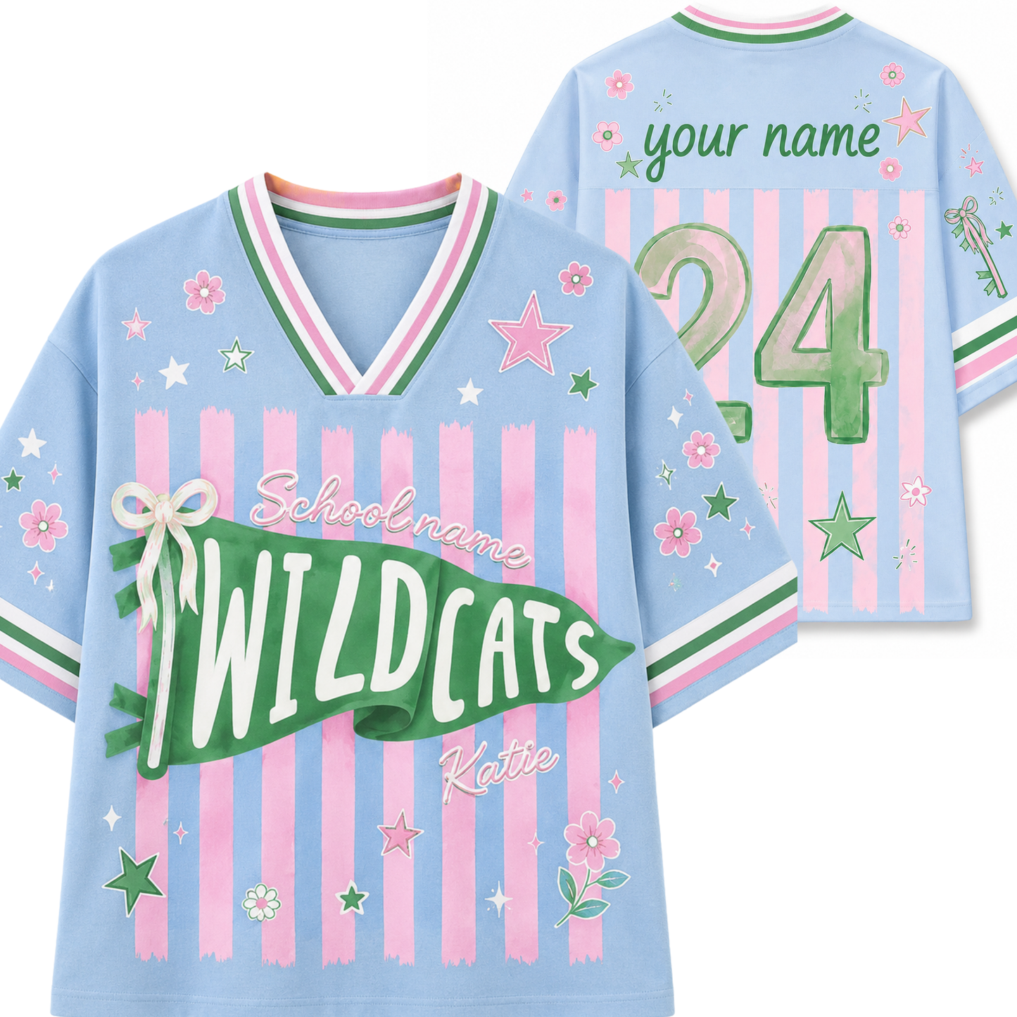 A light blue short-sleeve V-neck jersey-style shirt shown from the front and back on a white background. The front has pink vertical stripes, a green 'WILDCATS' banner, pink and green trim, stars, flowers, and placeholder text including 'School name', 'Katie', and 'Your name'.