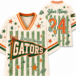 Personalized Florida Gators football jersey shown from both front and back views. The cream-colored jersey features green and orange stripes, distressed star patterns, and a large 'GATORS' banner on the front with 'SCHOOL NAME' and a ribbon detail.