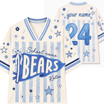 Personalized cream and light blue striped V-neck athletic jersey shown front and back. The front features a large blue 'BEARS' banner, 'School name' text, and the name 'Katie'.