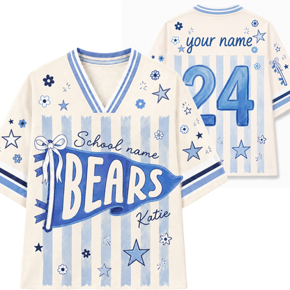 Personalized cream and light blue striped V-neck athletic jersey shown front and back. The front features a large blue 'BEARS' banner, 'School name' text, and the name 'Katie'.
