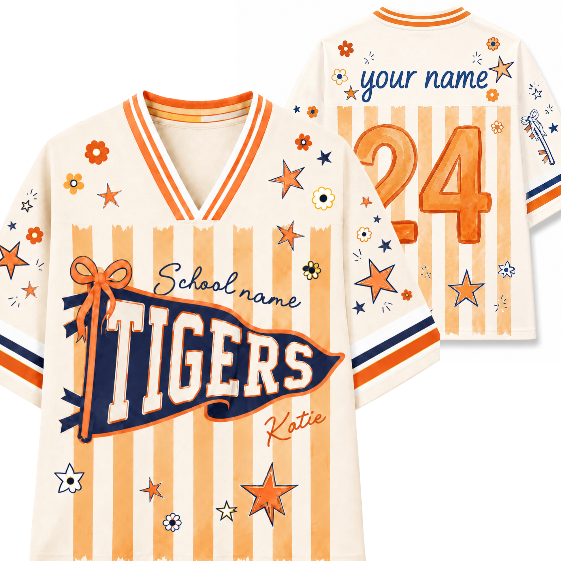 A custom sports jersey shown from both front and back. The jersey has a cream base with orange and navy blue stripes, decorated with orange and blue stars, flowers, and doodles.