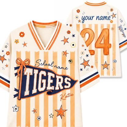 A custom sports jersey shown from both front and back. The jersey has a cream base with orange and navy blue stripes, decorated with orange and blue stars, flowers, and doodles.