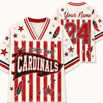 A custom sports jersey shown from both front and back views. The jersey features a cream base with red and white vertical stripes, red and black star patterns, feather graphics, and customizable text reading 'Your Name', 'SCHOOL NAME', and 'CARDINALS'.