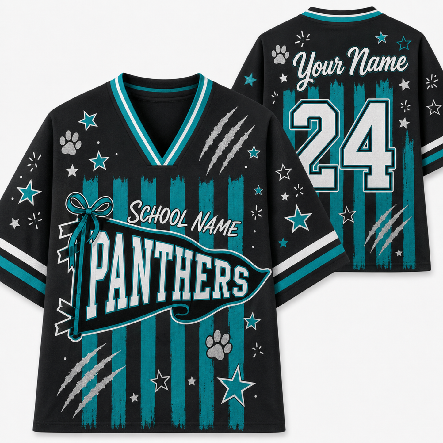 A custom black football-style jersey shown from the front and back, featuring teal and white graphics including the word 'PANTHERS,' a large number 24, paw prints, stars, stripes, and placeholder text reading 'School Name' and 'Your Name.'.