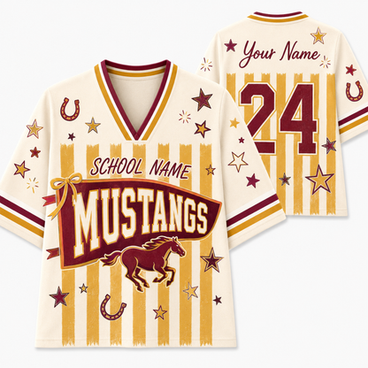 A custom sports jersey shown from both front and back on a light gray background. The jersey is cream-colored with maroon and gold accents, featuring a 'Mustangs' school theme with a horse graphic, stars, stripes, and customizable text fields.