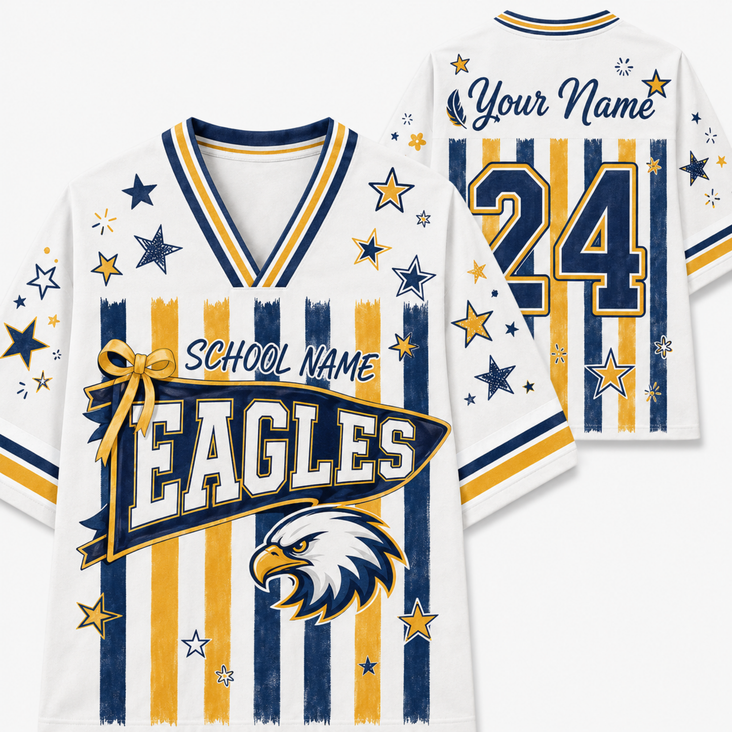 A custom Eagles school jersey shown from both front and back. The jersey is white with navy blue and gold vertical stripes, decorated with gold and navy blue stars.