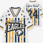A custom Eagles school jersey shown from both front and back. The jersey is white with navy blue and gold vertical stripes, decorated with gold and navy blue stars.