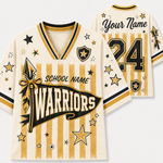 A custom sports jersey shown from the front and back on a light gray background. The jersey has a cream base with vertical gold stripes, black and gold trim, star and shield graphics, and customizable text reading 'School Name Warriors' and 'Your Name 24'.