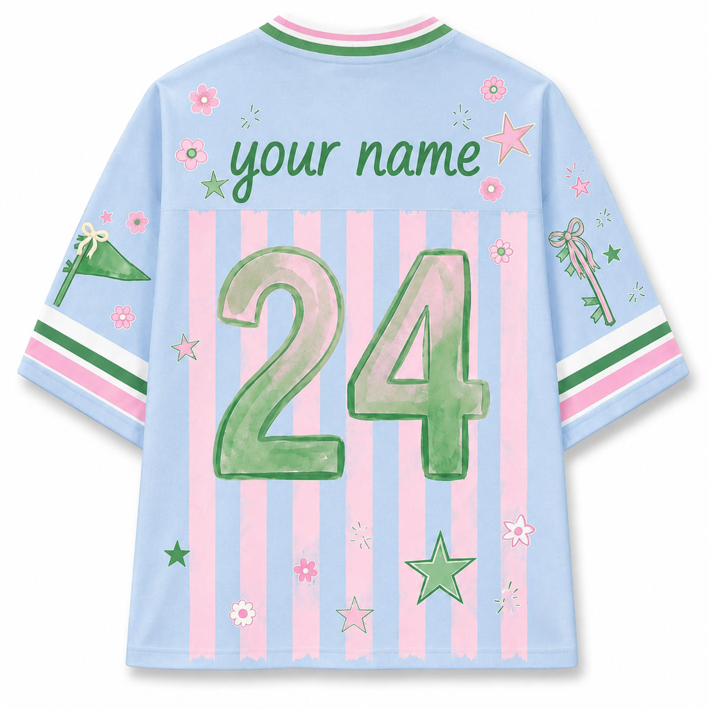 A light blue short-sleeve t-shirt with pink and white vertical stripes on the back, featuring the text 'your name' and the number '24' in green. The shirt is decorated with pink flowers, green stars, and a key illustration on the sleeves.