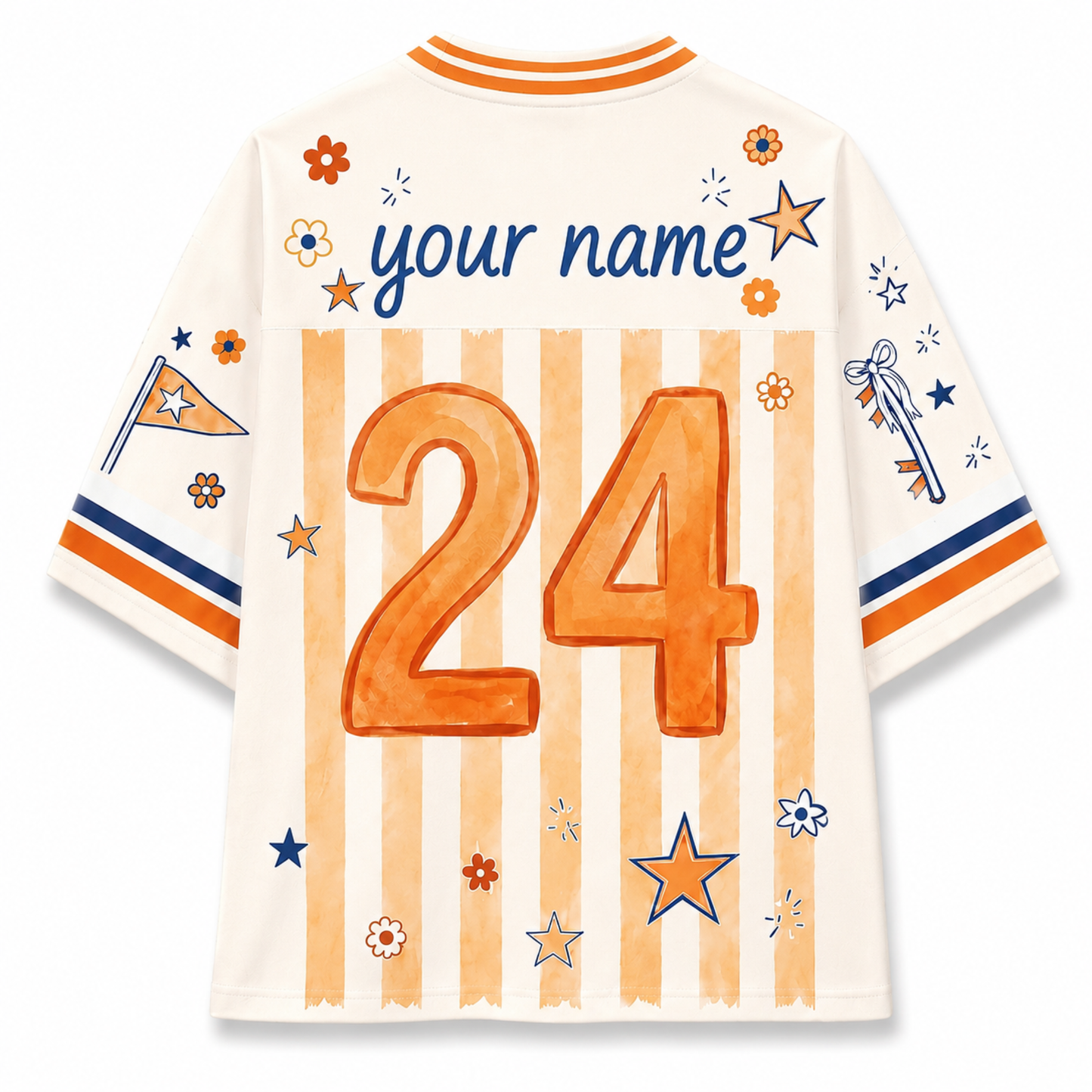 Customizable short-sleeve jersey shown from the back, featuring orange and beige vertical stripes, a large orange number 24, blue script text reading 'your name', and orange, blue, and white decorative star and flower motifs on a white background.