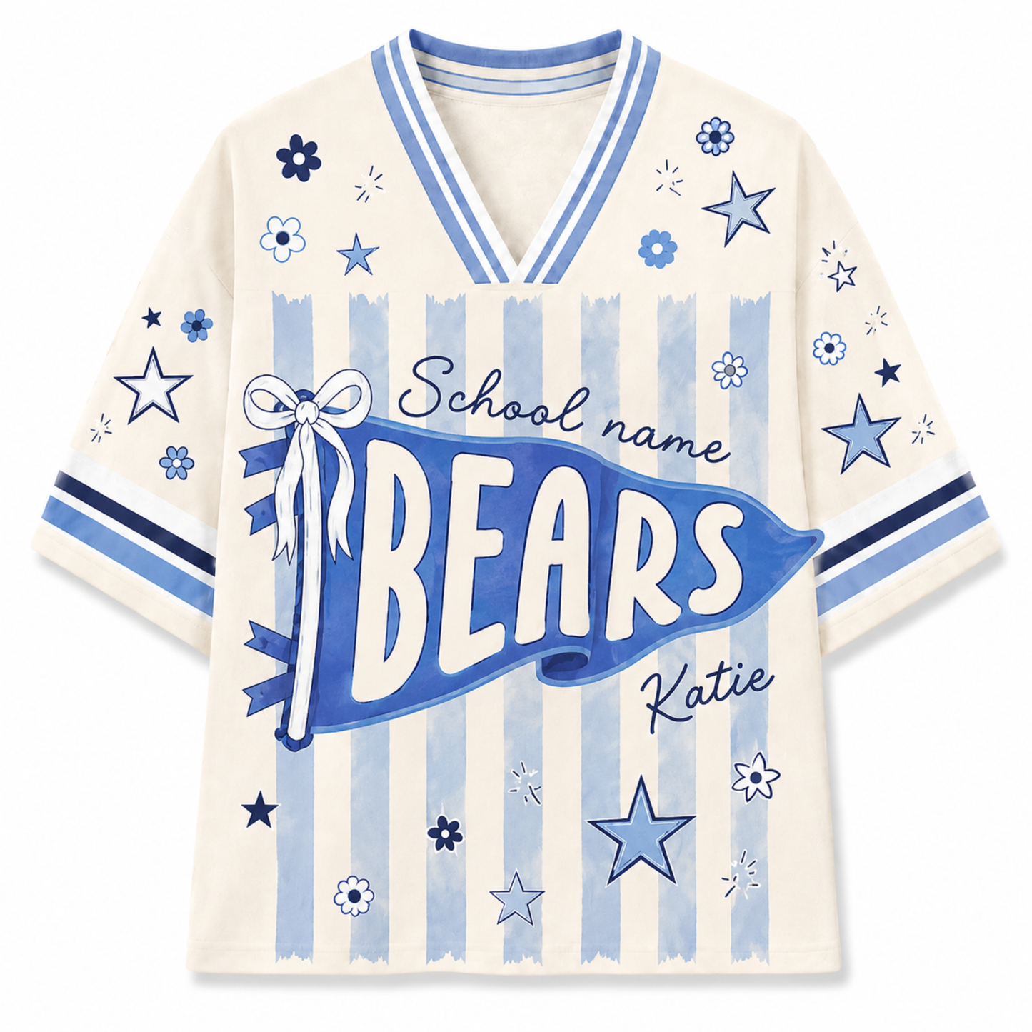 A cream-colored short-sleeve V-neck t-shirt with a blue and light blue sports-themed graphic. The design features a large blue banner reading 'BEARS' with 'School name' and 'Katie' written above and below, alongside blue stars, flowers, and vertical stripes.
