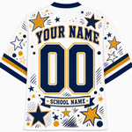 White short-sleeve jersey-style shirt shown from the back with navy and gold custom text and star graphics, including 'YOUR NAME', '00', and 'SCHOOL NAME'.