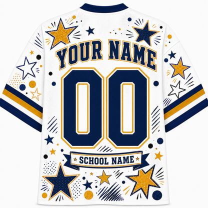 White short-sleeve jersey-style shirt shown from the back with navy and gold custom text and star graphics, including 'YOUR NAME', '00', and 'SCHOOL NAME'.