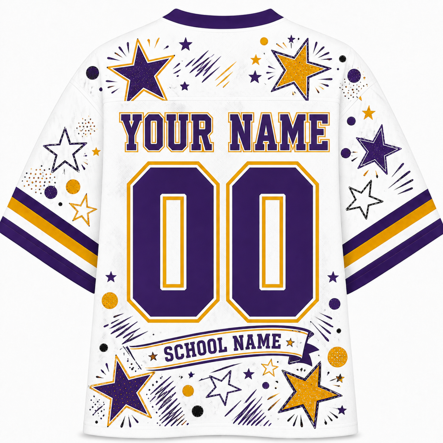 White customizable sports jersey shown from the back, featuring purple and gold star graphics, 'YOUR NAME' and 'SCHOOL NAME' text, and large '00' numbers.