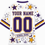 White customizable sports jersey shown from the back, featuring purple and gold star graphics, 'YOUR NAME' and 'SCHOOL NAME' text, and large '00' numbers.