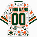 White customizable football jersey shown from the back with green and orange lettering and star patterns, featuring placeholder text 'YOUR NAME', '00', and 'SCHOOL NAME'.