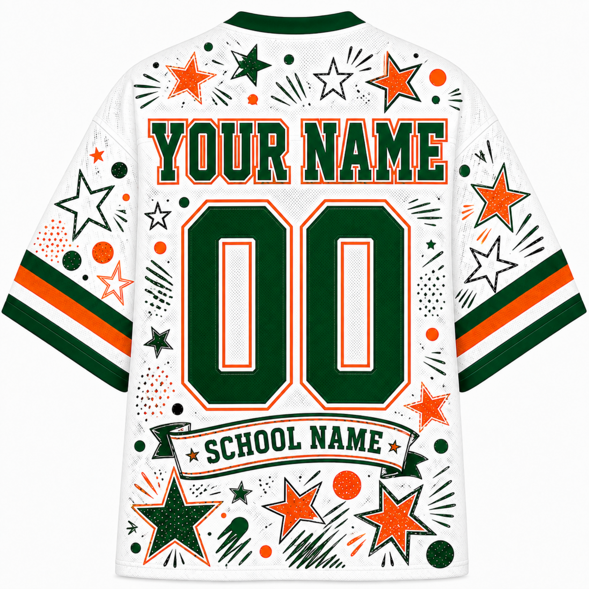 White customizable football jersey shown from the back with green and orange lettering and star patterns, featuring placeholder text 'YOUR NAME', '00', and 'SCHOOL NAME'.