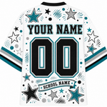 White customizable sports jersey shown from the back, featuring black and teal numbers '00' with placeholder text 'YOUR NAME' and 'SCHOOL NAME', decorated with teal and silver stars and black, teal, and silver stripes on the sleeves.